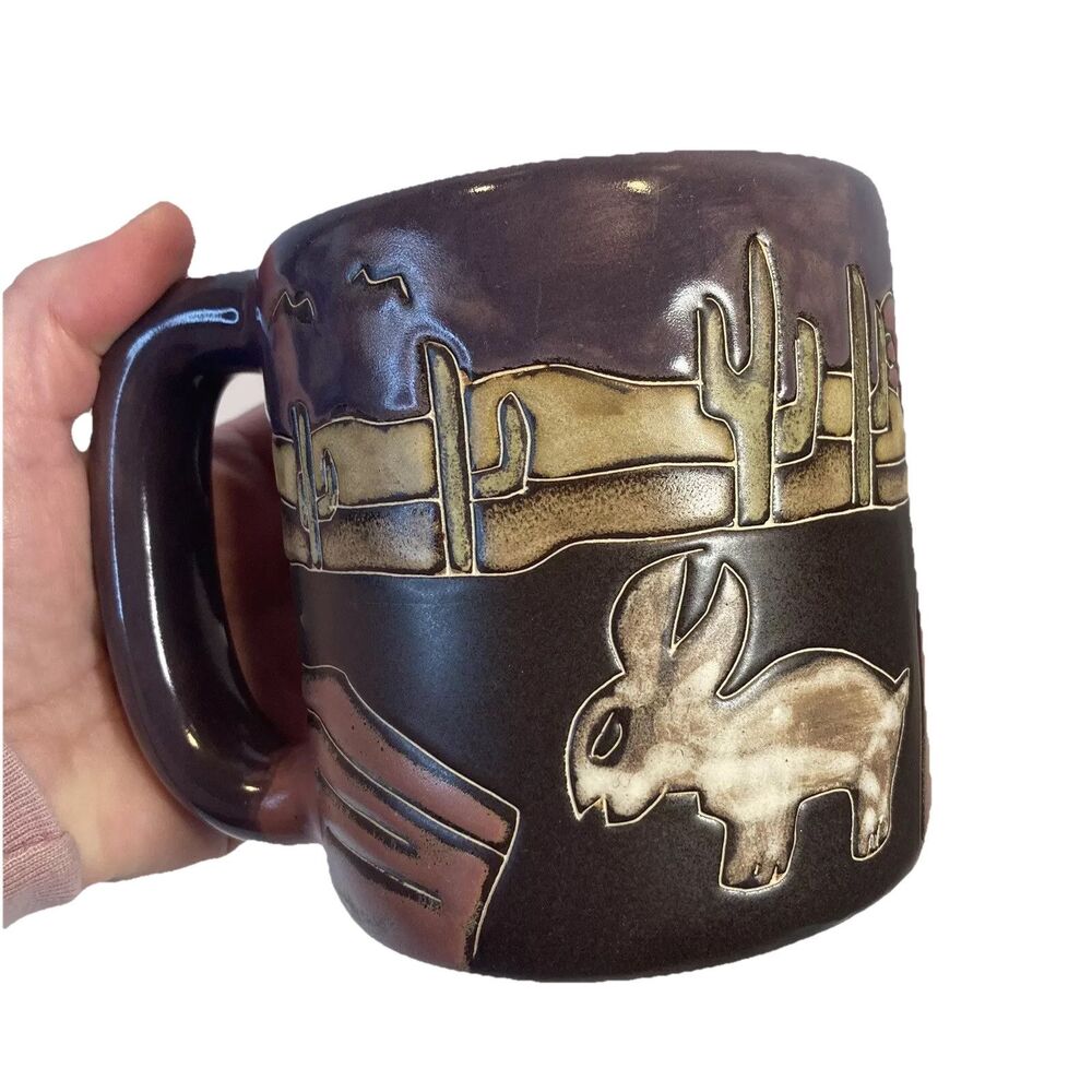 Design By Mara Mexico Rabbit Cactus Mug Handcrafted Pottery Large Heavy Purple